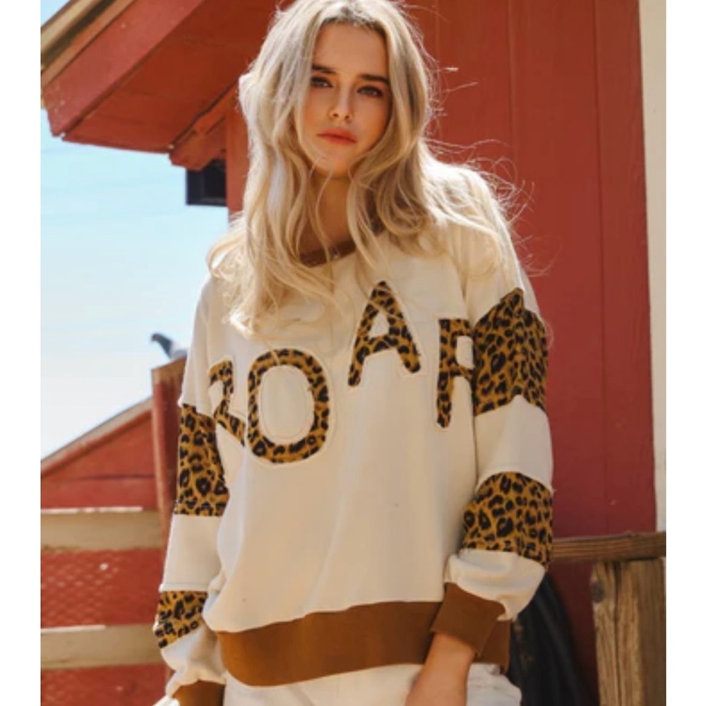 Oddi Roar Cream Leopard Colorblock Pullover Sweatshirt Oversized